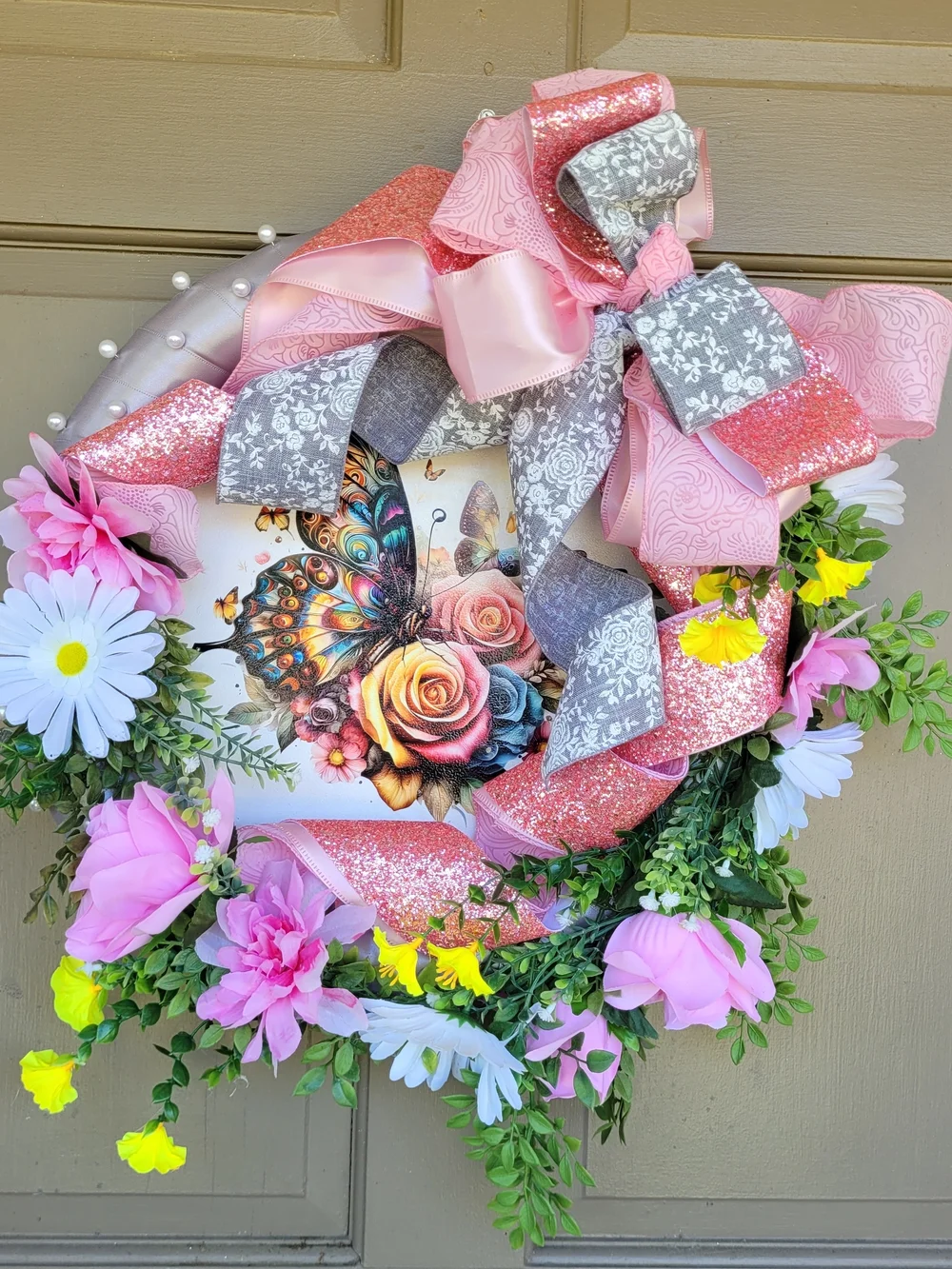 Spring Summer Pink Floral Butterfly Wreath with Bow New